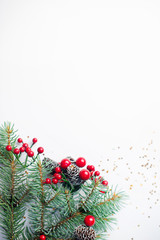Wall Mural - christmas composition flatlay. spruce branches, red berries on white background with space for text