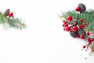 Wall Mural - christmas composition flatlay. spruce branches, red berries on white background with space for text