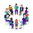Concept art of group therapy, brainstorming meeting, people sitting in circle, anonymous club. Isolated on white background. Flat style stock vector illustration