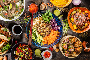 Wall Mural - Top view composition of various Asian food in bowl