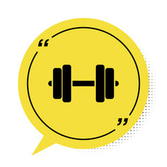 Poster - Black Dumbbell icon isolated on white background. Muscle lifting icon, fitness barbell, gym icon, sports equipment symbol, exercise bumbbell. Yellow speech bubble symbol. Vector Illustration