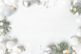 Fototapeta Tulipany - White Christmas background with spruce frosty brunches and Christmas lights