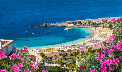 Landscape with sunset at Amadores beach on Gran Canaria, Spain