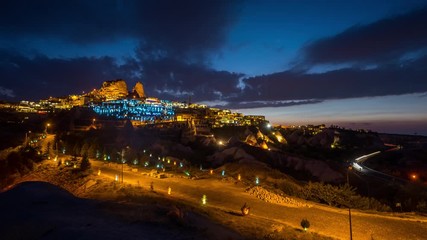 Fototapete - Time lapse of Uchisar town at night, Cappadocia in Turkey.