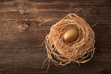 Unique And Valuable Golden Egg With Nest On Wooden Background.