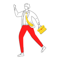 Office worker flat contour vector illustration. Worker hurrying to business meeting. Late for work employee. Man in formal clothes with briefcase isolated faceless cartoon character