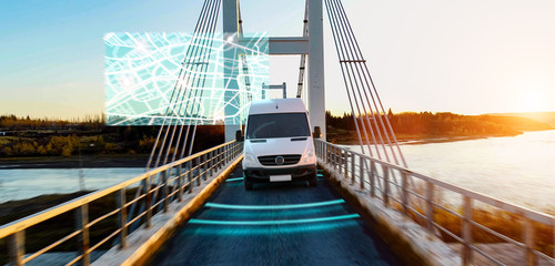 Autonomous transporter Car driving on a bridge highway with technology assistant tracking information, showing details.