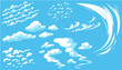 Set cartoon clouds in blue panorama sky. Isolated vector illustration.