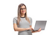 © Ljupco Smokovski - Woman standing and holding laptop computer
