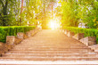 © aapsky - Wide staircase looking up in the park with bright light.
