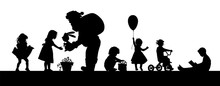 The Silhouette Of Santa Claus Gives A Gift To The Girl. Silhouettes Of Children For The New Year. Vector Illustration