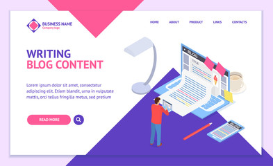Poster - Creative Blog Post Concept Landing Web Page Template 3d Isometric View. Vector