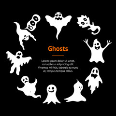 Sticker - Cartoon White Ghosts Characters Banner Card Circle. Vector