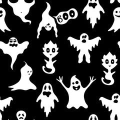 Poster - Cartoon White Ghosts Characters Seamless Pattern Background. Vector