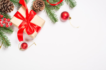 christmas flat lay background with decorations on white.
