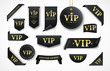 Vip labels, badges or tags. Vector black banners with gold vip text. Vector illustration