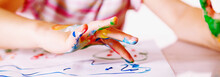 Close Up Young Girl Painting With Colorful Hands. Art,  Creativity And Painting Concept. Horizontal Image.