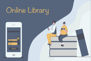Poster - Online library concept. Boy and girl are sitting on big books near cell smapt phone and reading.