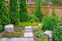 A Beautiful Small, Urban Backyard Garden Featuring A Tumbled Paver Patio, Flagstone Stepping Stones, And A Variety Of Trees, Shrubs And Perennials Add Colour And Year Round Interest. 