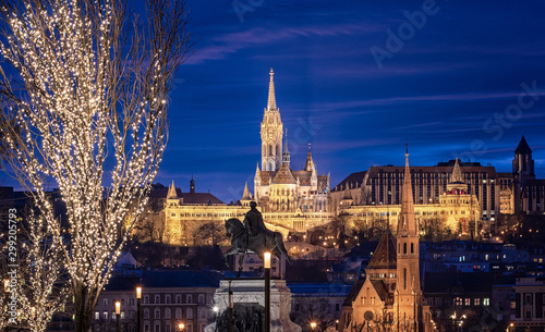 View on the famous Fishermen's Bastion in Budapest in winter with christmas l...