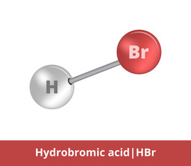 Wall Mural - Vector ball-and-stick icon of hydrobromic acid or hydrogen bromide  HBr structure consisting of bromine and hydrogen. Structural formula suitable for education isolated on a white background.