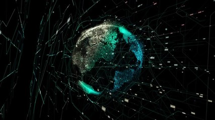 Poster - Abstract animation of the beautiful earth hologram flying in cyberspace structure. Animation. Global business concept of connections and information transfer in the world