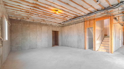 panorama frame interior of new home room under construction