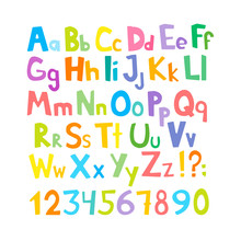 Vector Cartoon Typeface, Multicolored Kids Vector ABC, Letters, Numbers And Symbols. Uppercase And Lowercase Cute Childish Signs