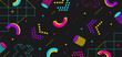 Background in the style of the 80s with multicolored geometric shapes on the black background. Illustration for hipsters Memphis style