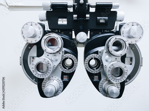Fotomural phoropter close up view of ophthalmology, optometry, and optician clinical testi