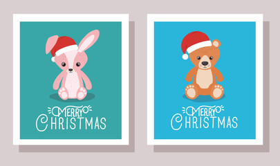 Poster - happy mery christmas card with rabbit and bear toys