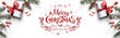 Merry Christmas text on white background with gift boxes, ribbons, red decoration, fir branches, bokeh, sparkles and confetti. Xmas and New Year greeting card, bokeh, light. Flat lay, top view