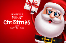  Christmas Santa Claus Character Vector Banner Template. Merry Christmas Greeting Text With Santa Claus 3d Realistic Character Holding Xmas Gift And Empty Space For Messages In Red Background..