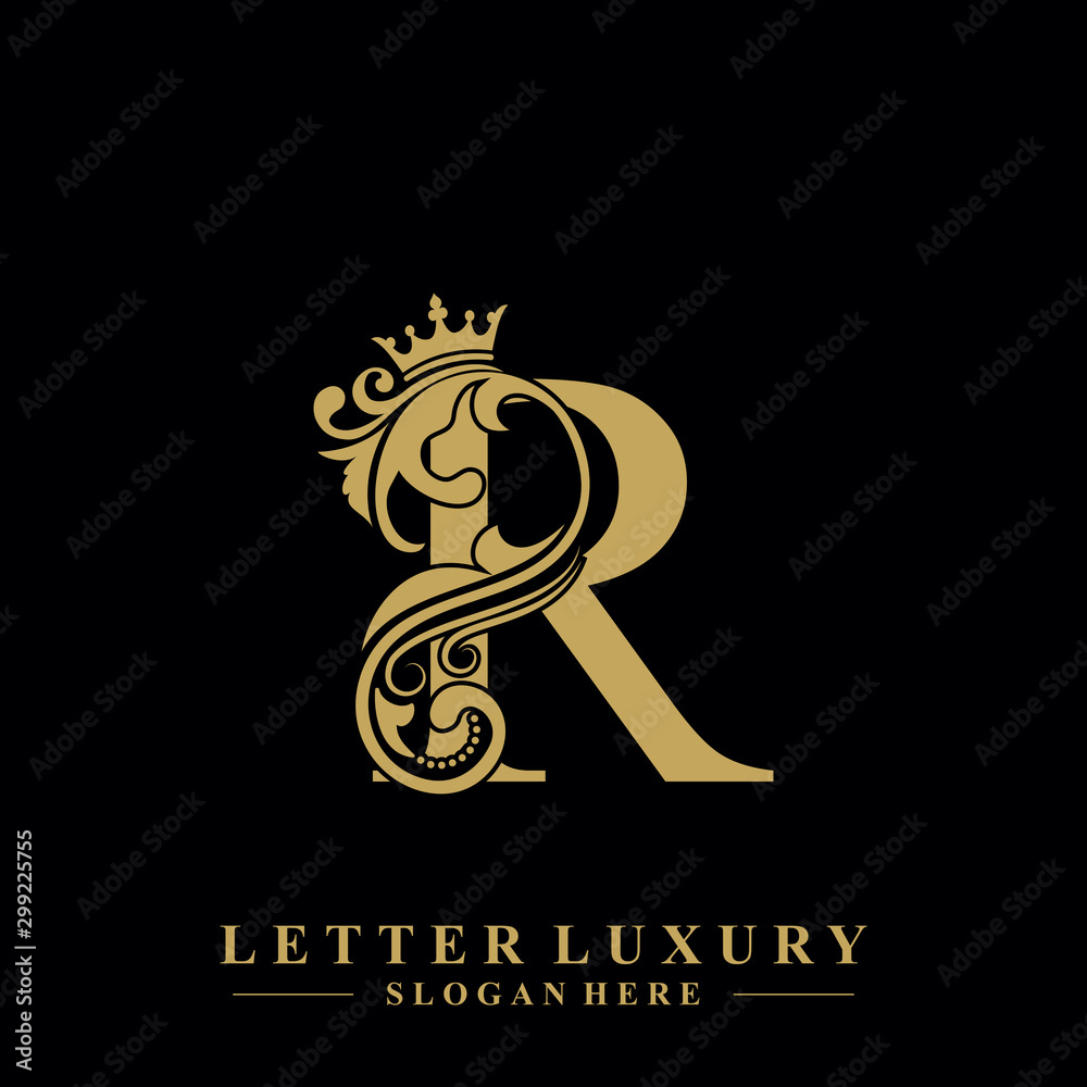 Initial letter R luxury beauty flourishes ornament with crown logo template. - obrazy, fototapety, plakaty 
