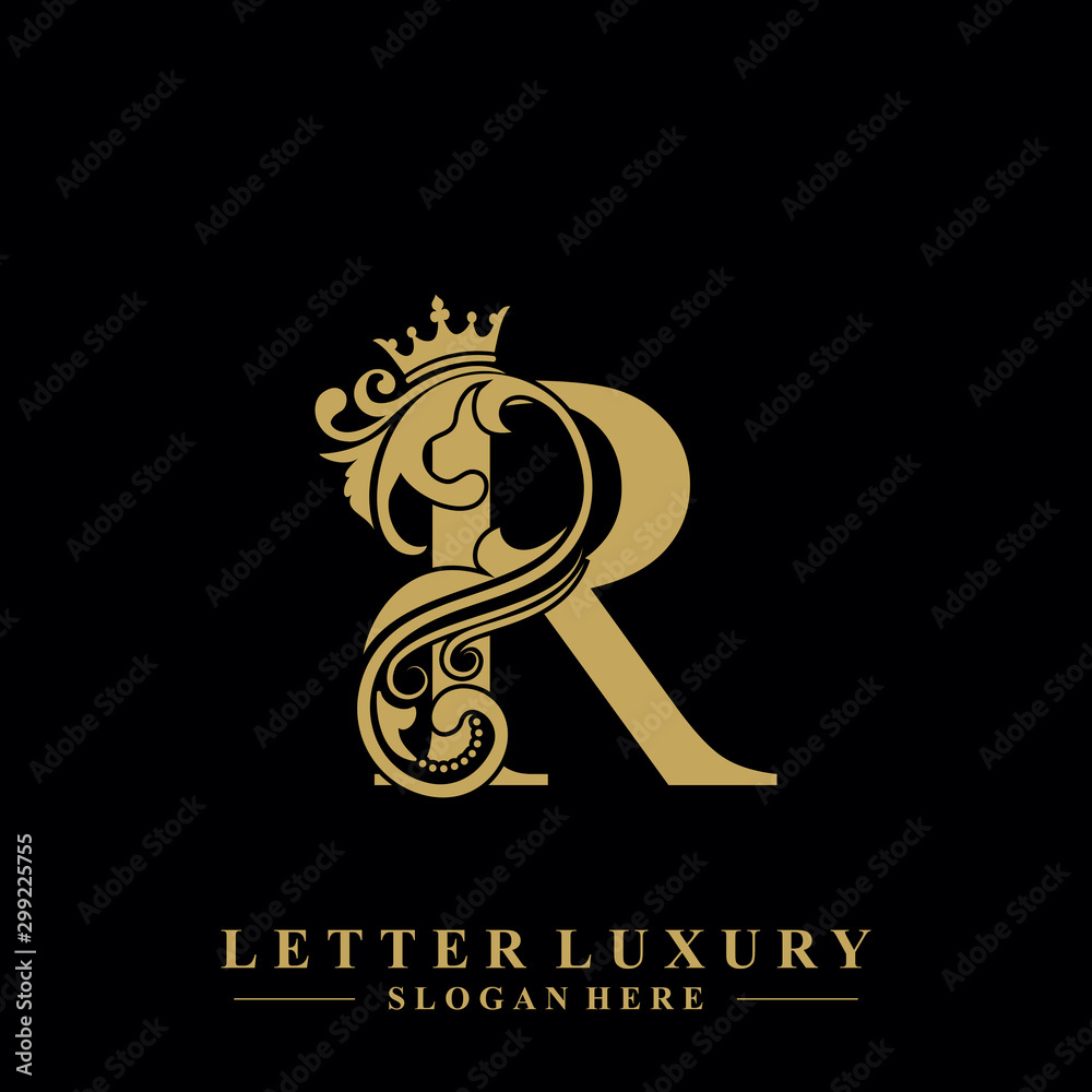 Initial letter R luxury beauty flourishes ornament with crown logo ...