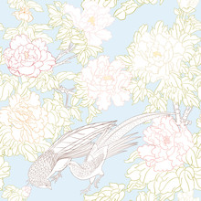 Peony Tree Branch With Flowers With Pheasants In The Style Of Chinese Painting On Silk. Seamless Pattern, Background. Vector Illustration. Outline Hand Drawing. On Sky Blue Background..