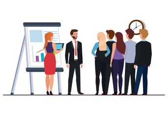 Sticker - meeting of business people with infographics in chalkboard vector illustration design