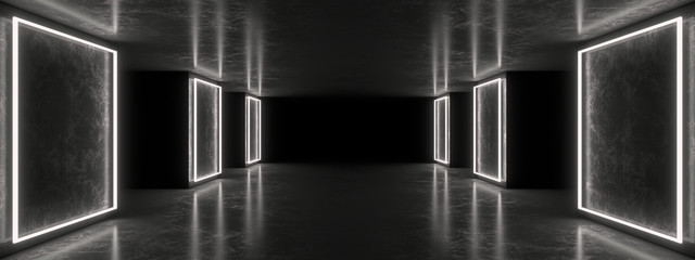 Fototapete - White neon lamps in a dark tunnel. Reflections on the walls.