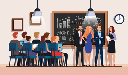 Poster - meeting brainstorm of business people vector illustration design