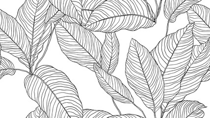 Wall Mural - Foliage seamless pattern, leaves line art ink drawing in black and white