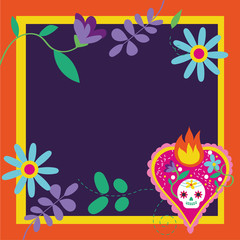 Poster - dia de los muertos card with heart flame and flowers frame