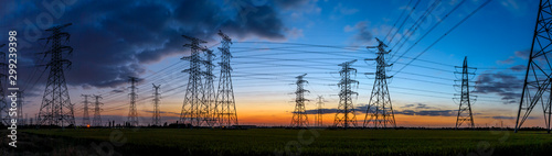 Fotografía High voltage electricity tower sky sunset landscape,industrial background