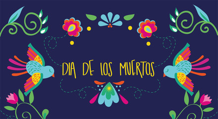 Poster - dia de los muertos card lettering with birds and flowers