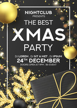 Xmas Party Flyer Invitation. Holiday Background With Realistic Black Gift Box, Gold Snowflake And Sparkling Light Garlands. Vector Illustration With Christmas Baubles. Invitation To Nightclub.