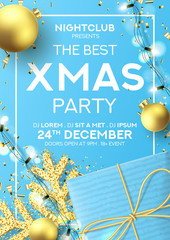 Wall Mural - Christmas party poster invitation. Holiday background with realistic blue gift box, gold snowflake and sparkling light garlands. Vector illustration with Christmas baubles. Invitation to nightclub.