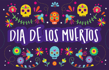 Poster - dia de los muertos card with calligraphy and skulls floral decoration