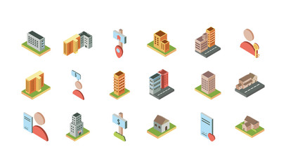 Poster - isometric buildings real estate location icons set