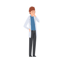 Wall Mural - Thoughtful Male Scientist Character in White Lab Coat Working in Scientific Lab Vector Illustration