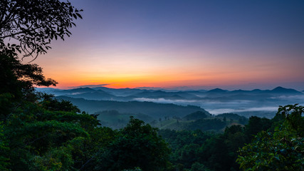 Morning mist covered on hill after sunrise at tropical forest. Thailand