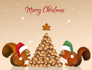 Wall Mural - postcard for Christmas with Christmas squirrels make tree with acorns